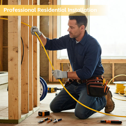 YYOGEE 12/2 NM-B wire yellow installed in wall demonstrates neat residential wiring.