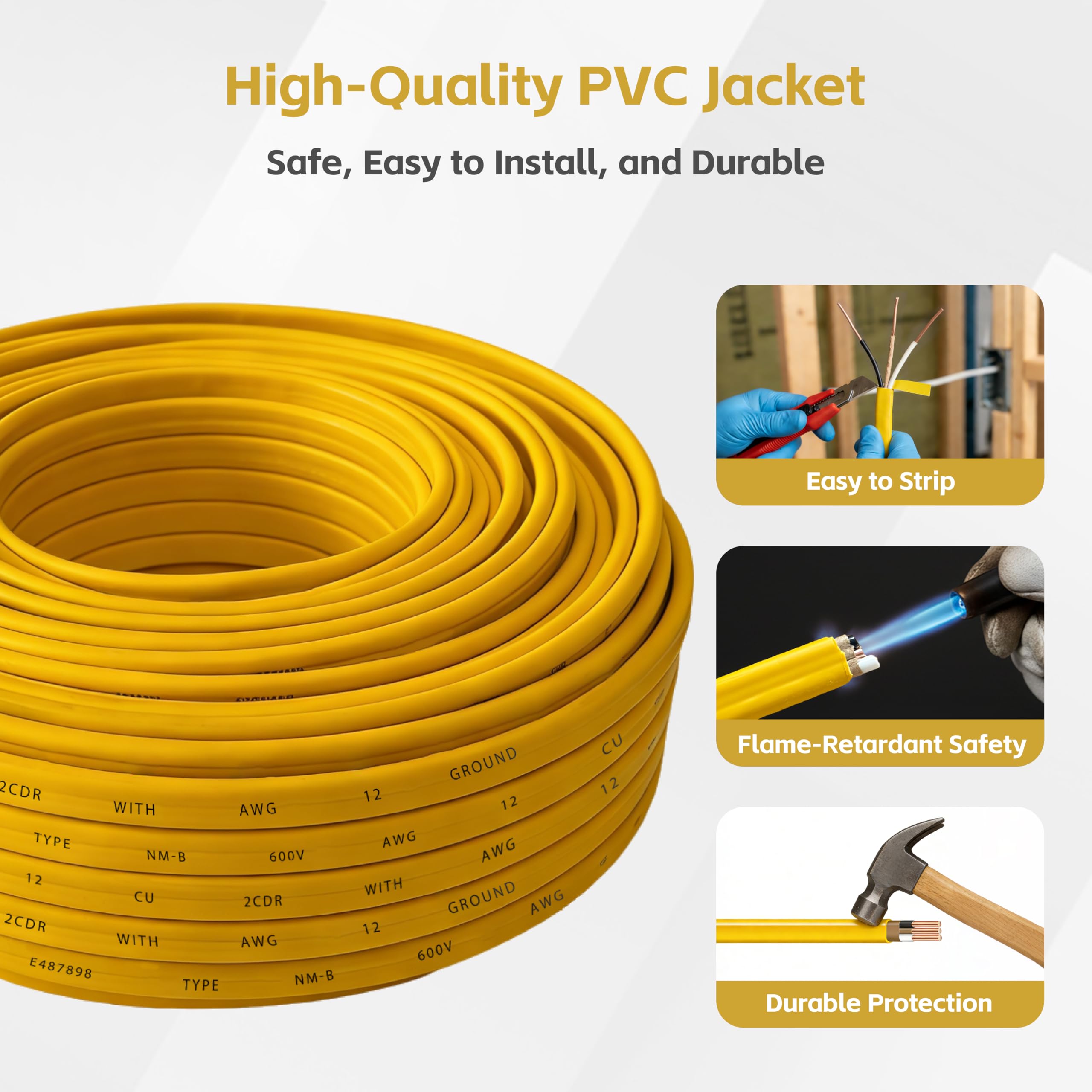 YYOGEE 12/2 NM-B wire yellow jacket closeup showing durable insulation.