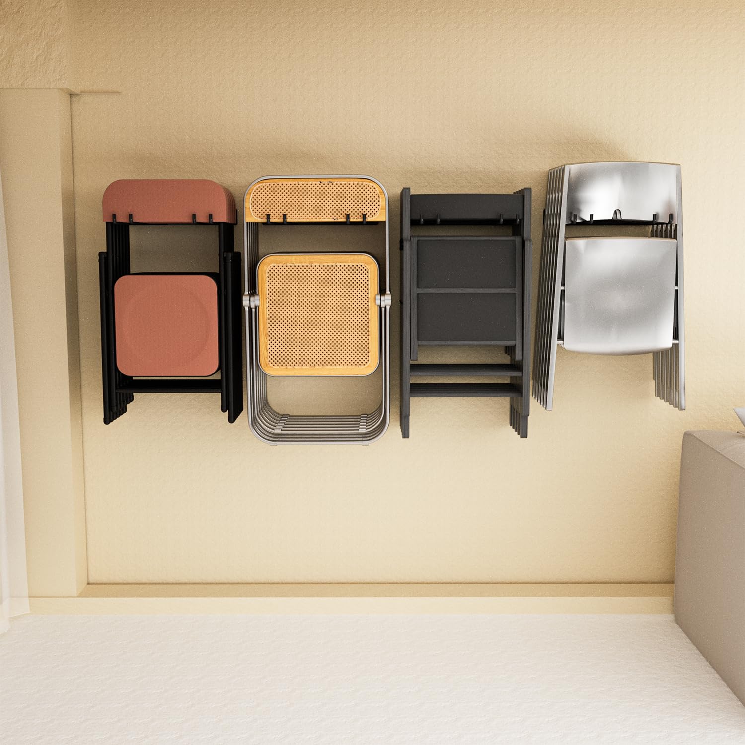 YYR wall-mounted rack used in a shed to store folding chairs and tools.