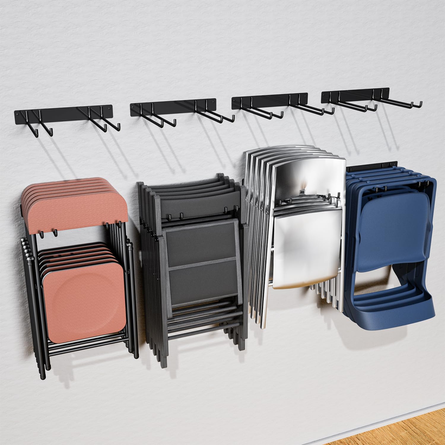 YYR folding chair storage rack mounted on wall saves space by organizing chairs.