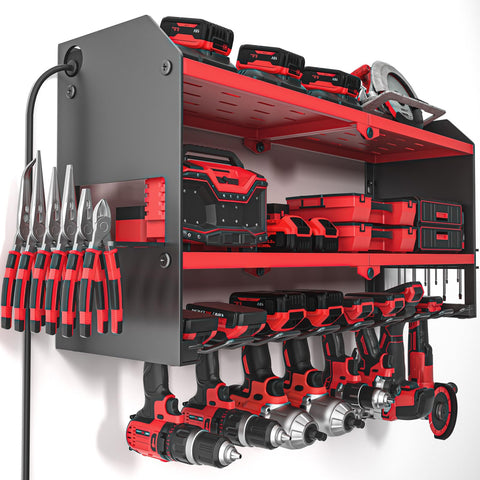 YYR power tool organizer with charging station on wall mount keeps cordless tools charged