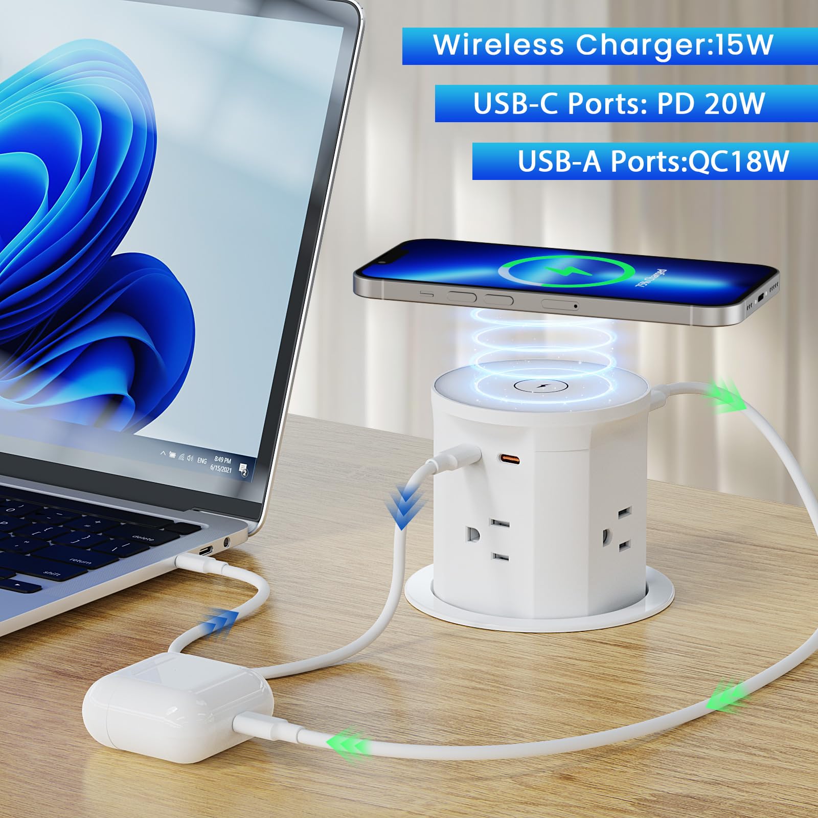 YYSKA pop-up outlet with 4 AC outlets enables simultaneous device charging and appliance use.