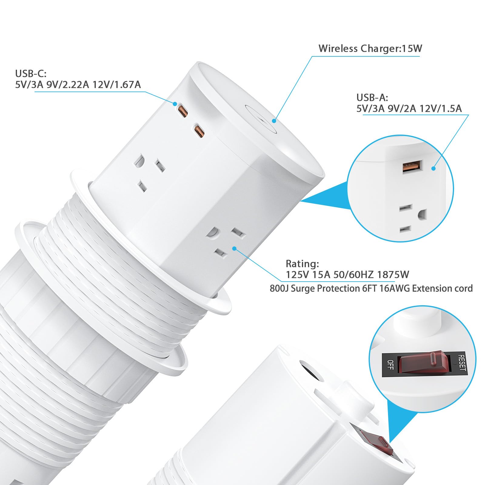 YYSKA retractable pop-up outlet keeps workspace tidy when not in use.