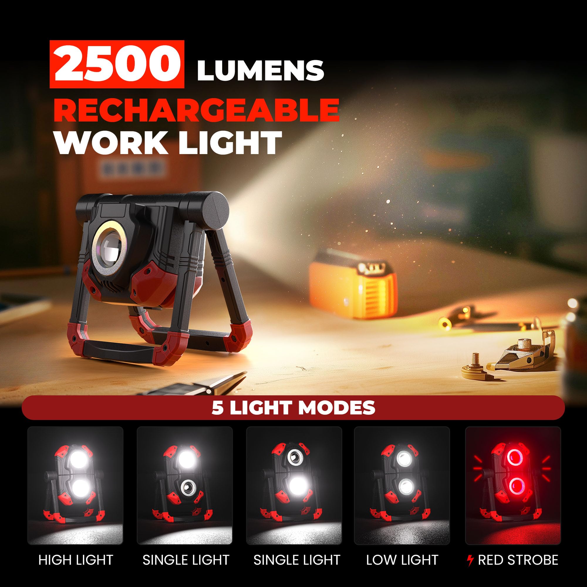 Yzoni LED work light with 360° rotatable-foldable panels for versatile angles.