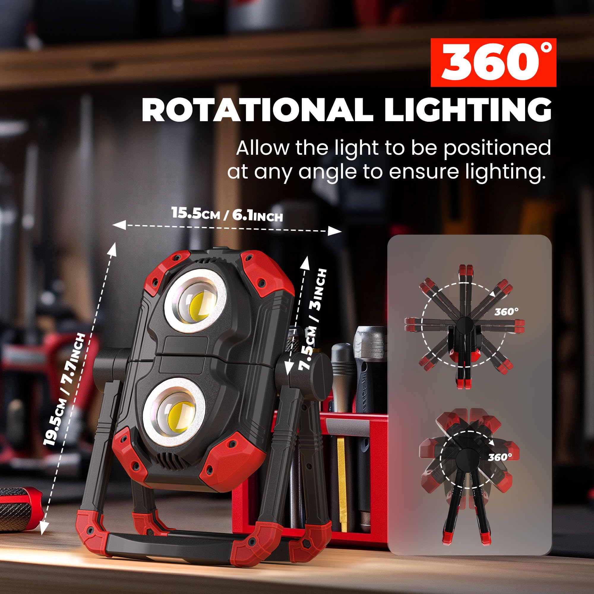 Yzoni work light features magnetic base for hands-free operation on metal surfaces.