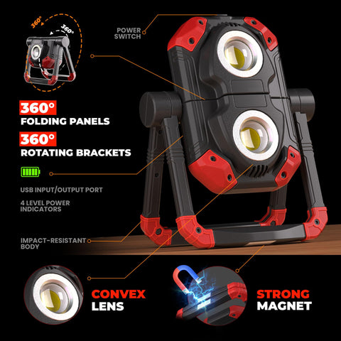 Yzoni USB rechargeable work light and phone charging in emergencies.