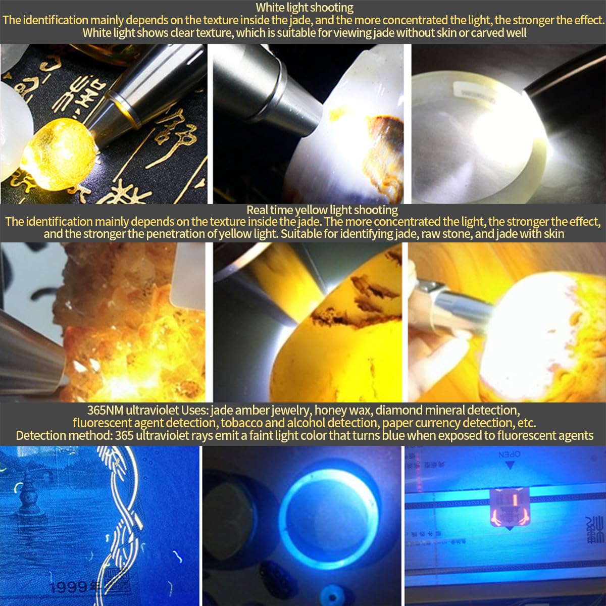 YZYOE jade gemstone appraisal light clearly highlights gemstone details.