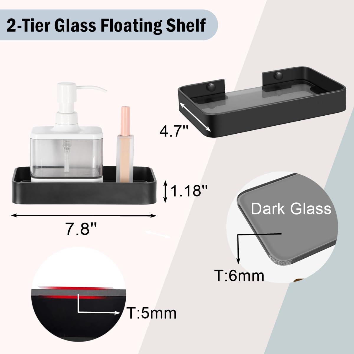 Z metnal mini wall shelf holds small items on a glass surface