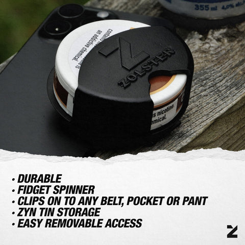 Z Zolster holster clip pocket access keeps tin within reach on the go.