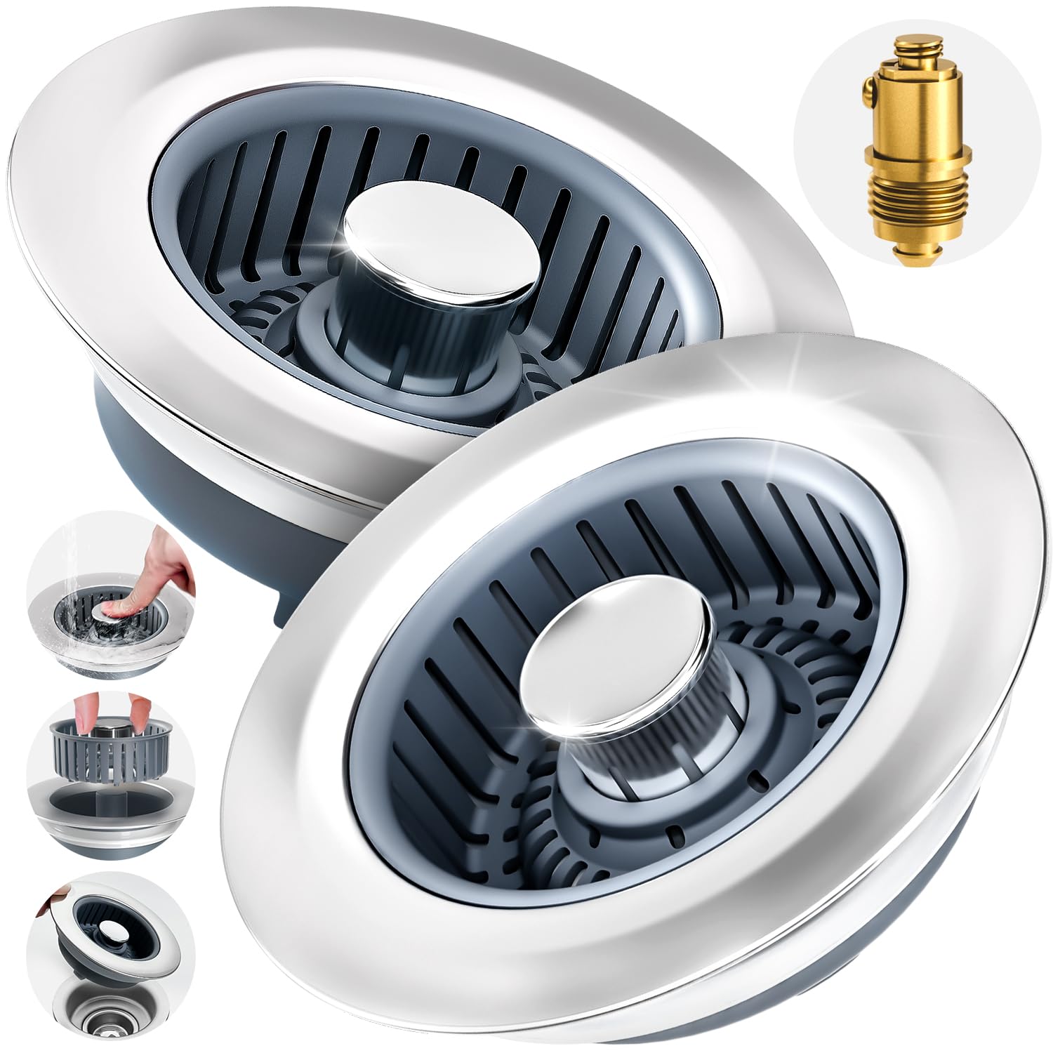 zaa 2-pack sink drain strainer assembly with stopper and basket for easy waste capture
