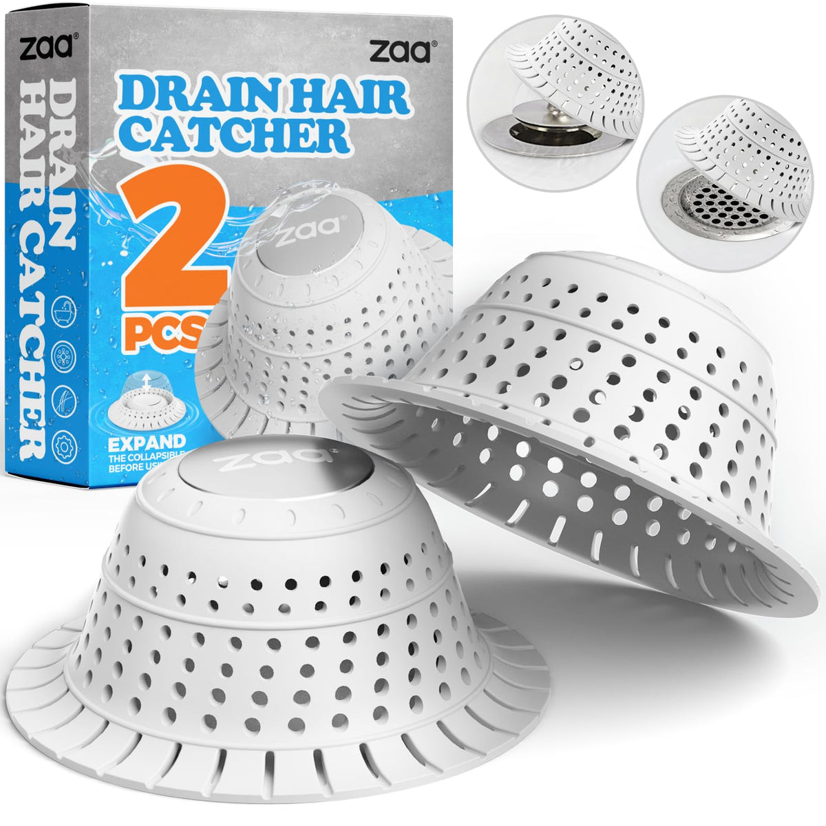 zaa bathtub drain hair catcher collapsible 2-pack fits standard drains and protects water flow