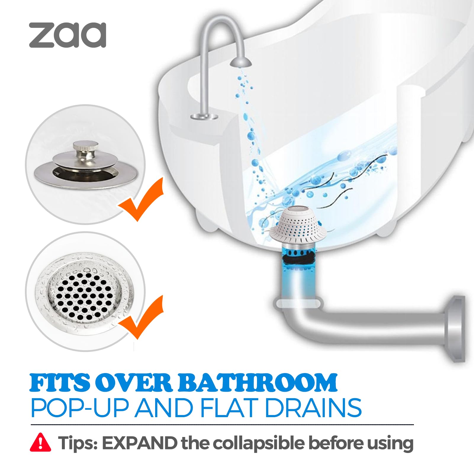 zaa drain protector in use in bathroom demonstrates hair capture while maintaining water flow