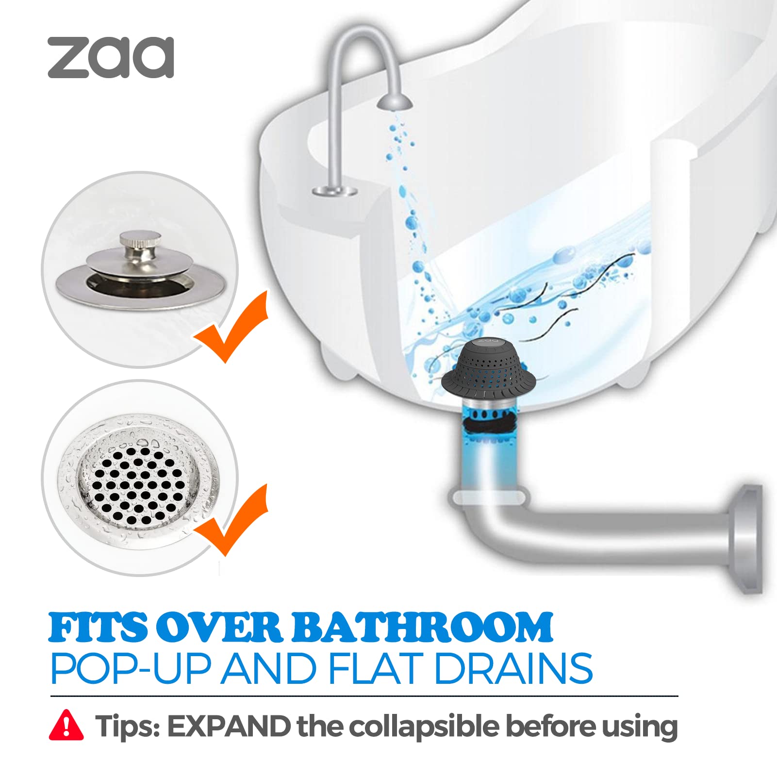 zaa Pop-up and regular drain fit for bath or shower, prevents clogs