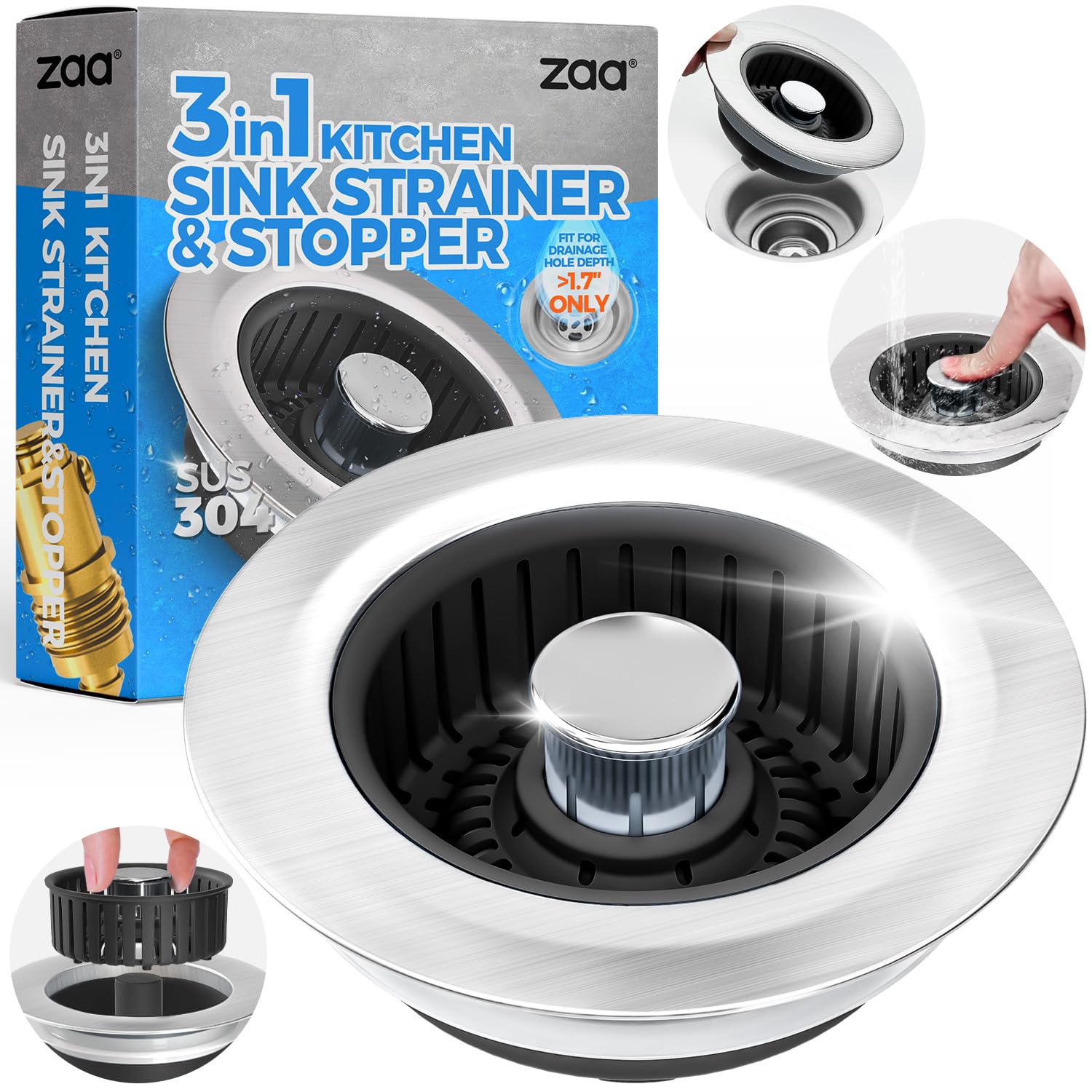 zaa sink drain strainer 3-in-1 close-up shows durable stopper