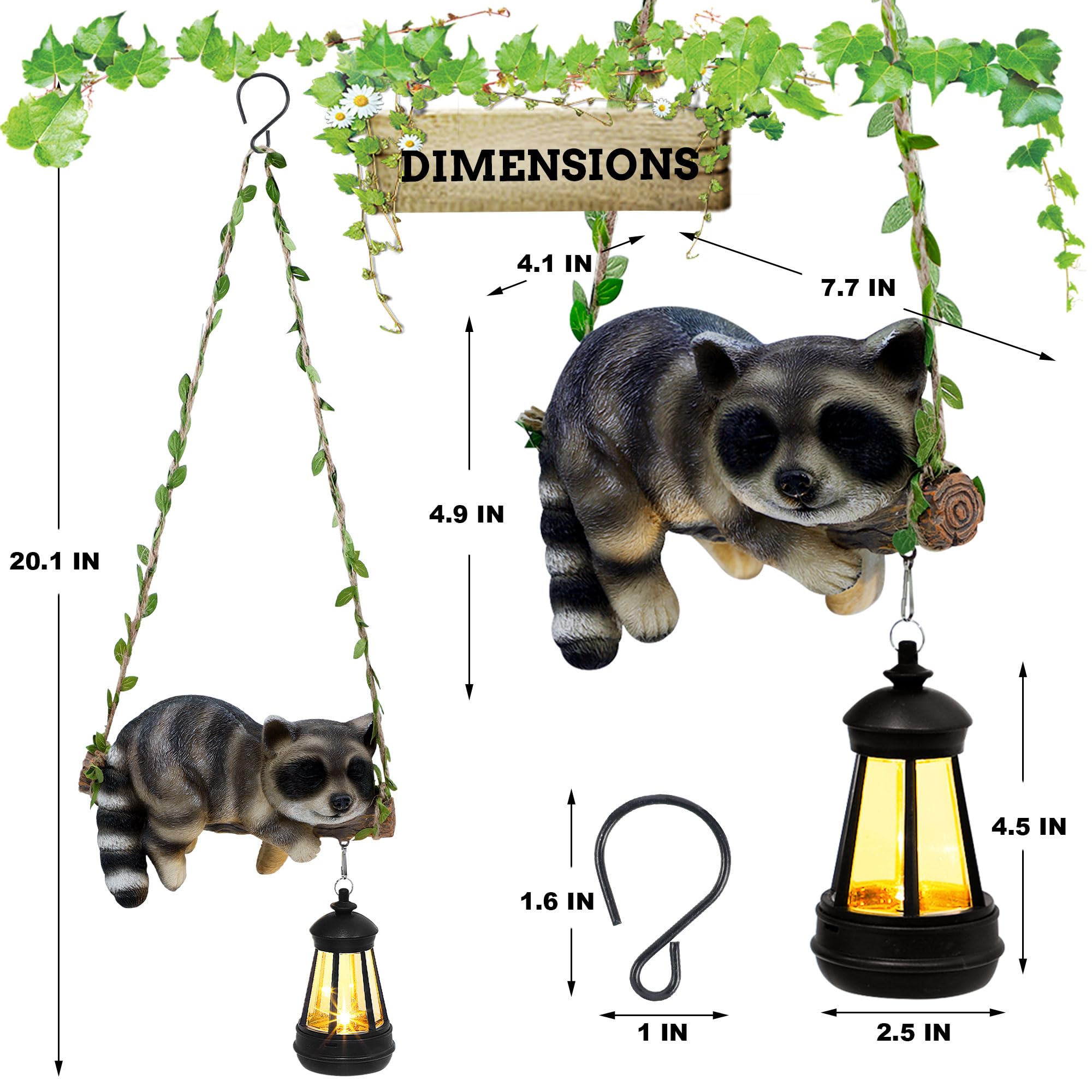 Close-up of sleeping raccoon on swing showing hand-painted resin texture