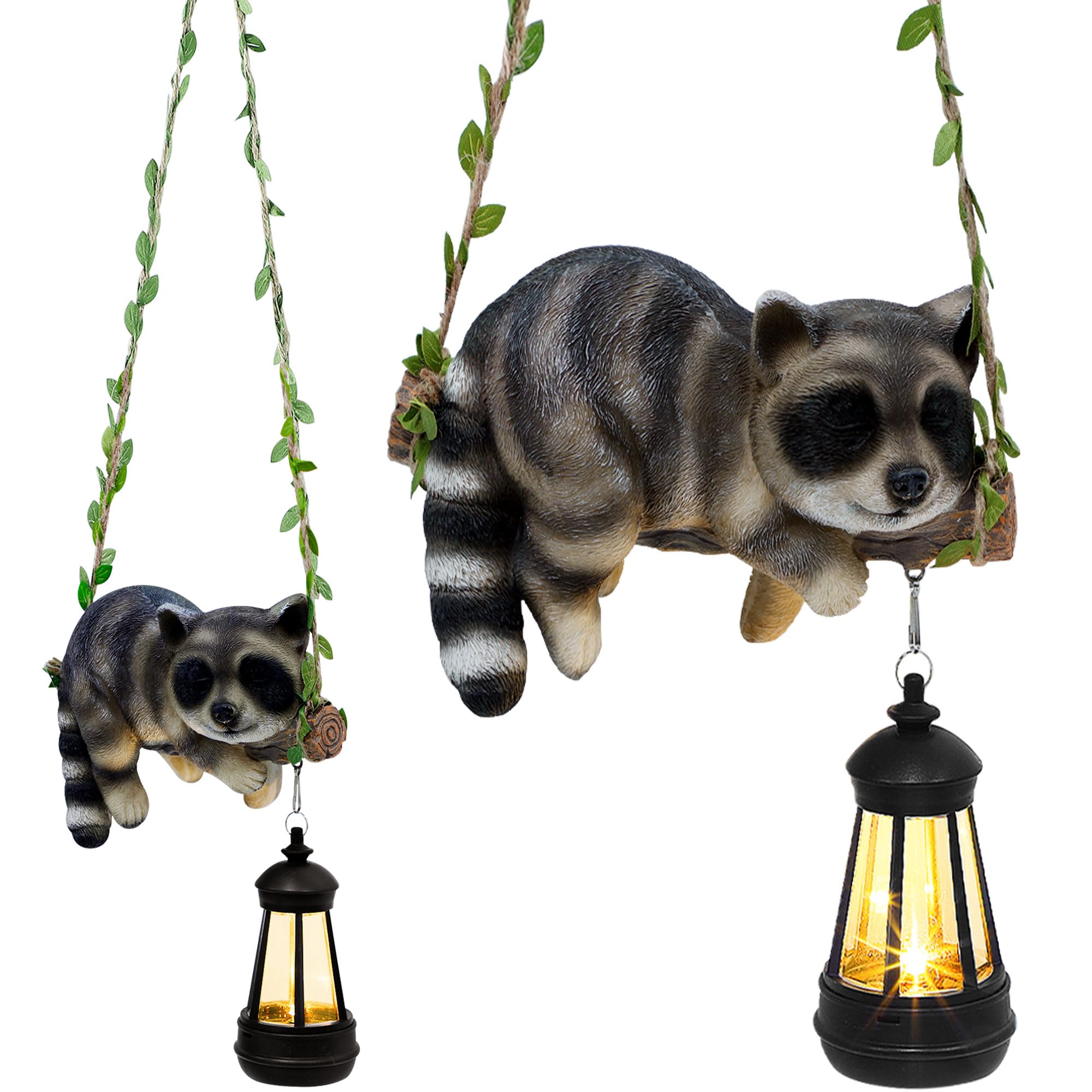 ZaaYee solar lighted raccoon on swing elevates outdoor charm at dusk