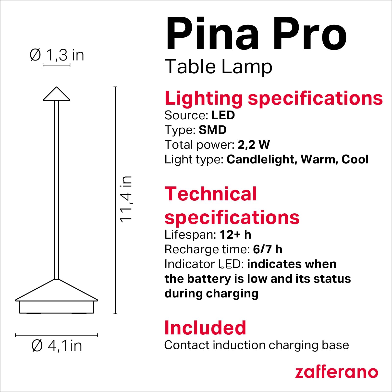 Zafferano Pina Pro lamp battery indicator helps plan recharges.