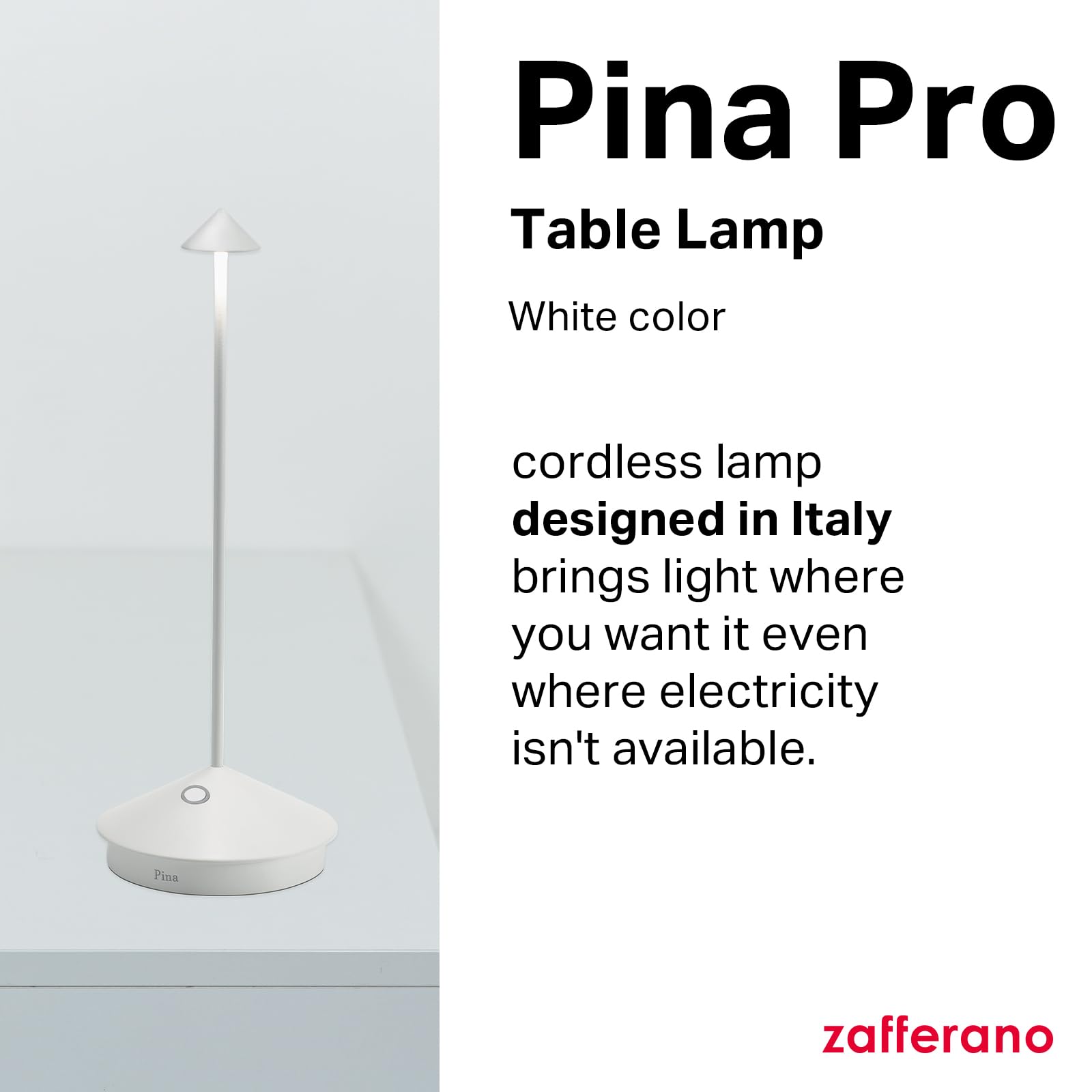Zafferano Pina Pro lamp with touch-control base for easy brightness adjustments.