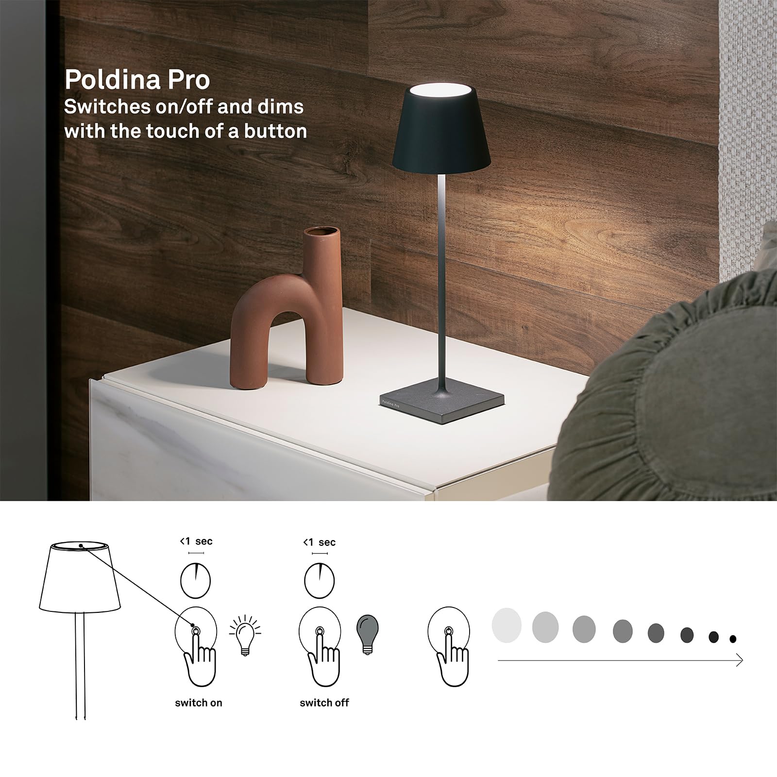 Zafferano Poldina Pro lamp charging base keeps power ready for use.