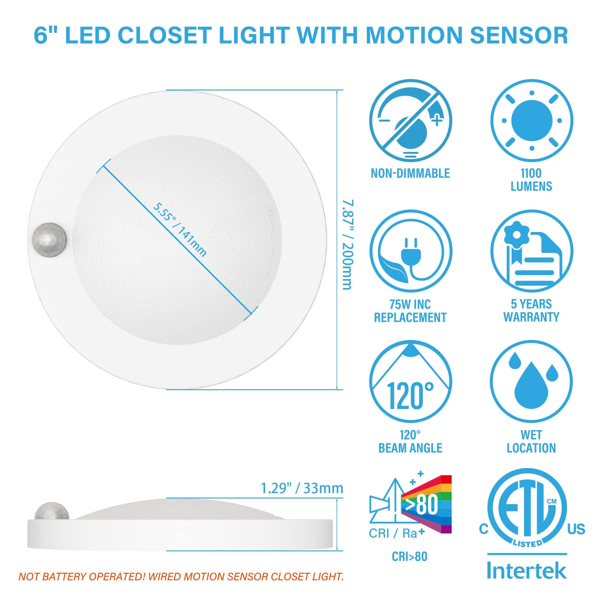 ZAGO 6-inch LED closet light provides 5000K daylight white color for clear items.