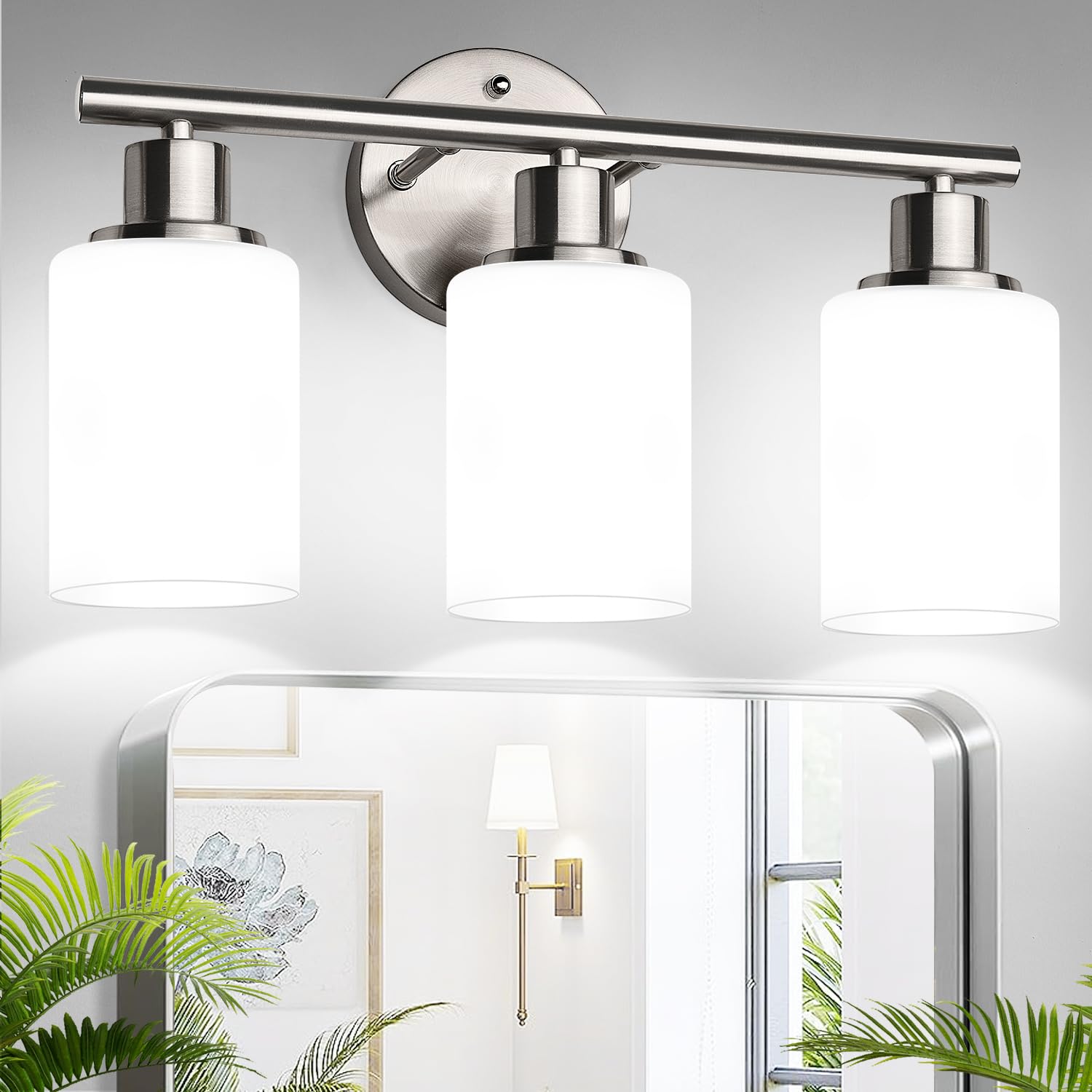 Zarbitta 3-light vanity with brushed nickel and milky glass for warm illumination.