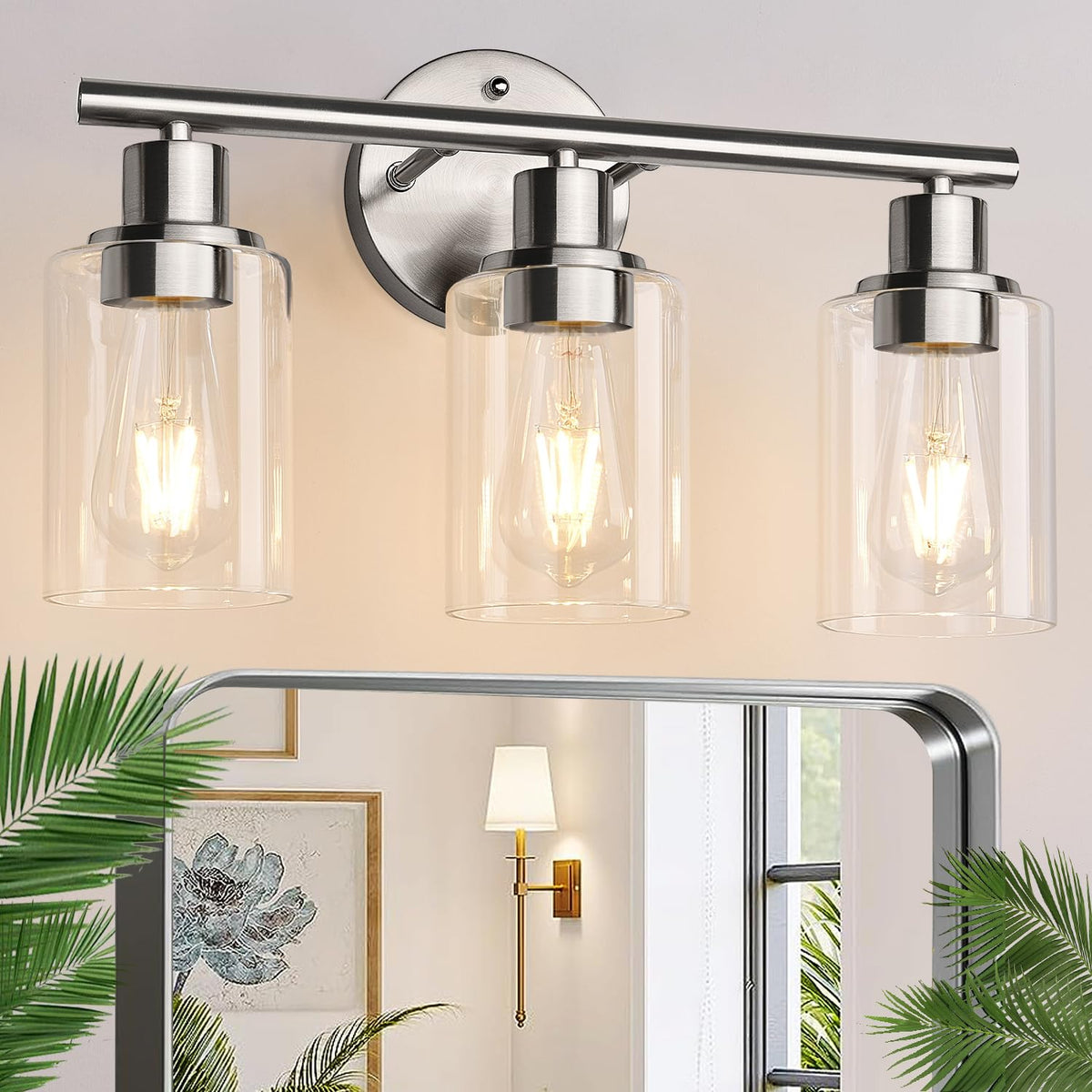 Zarbitta 3-light brushed-nickel vanity fixture brightens bathroom mirrors