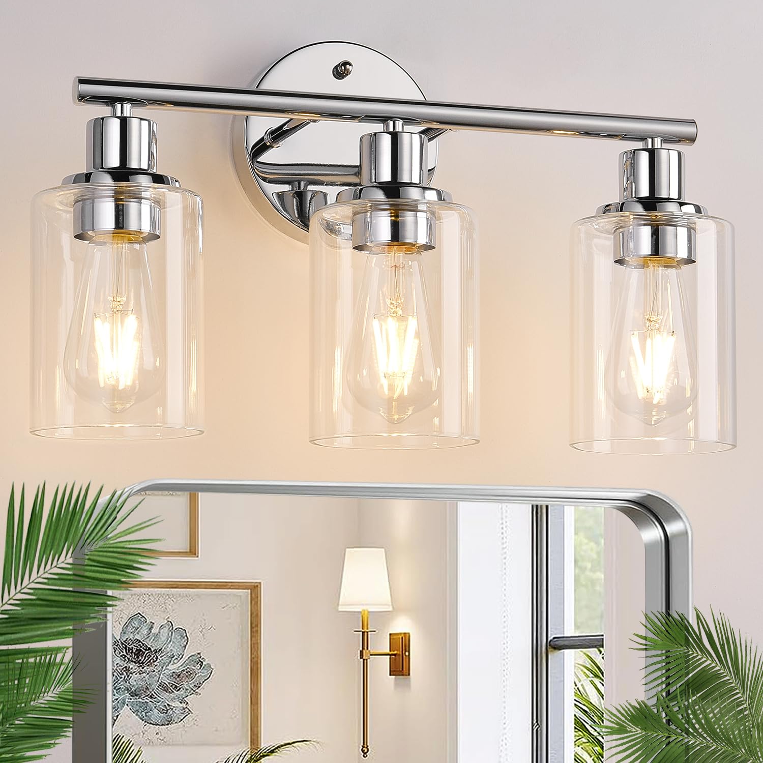 Zarbitta 3-light chrome bathroom light with clear glass shades for vanity illumination