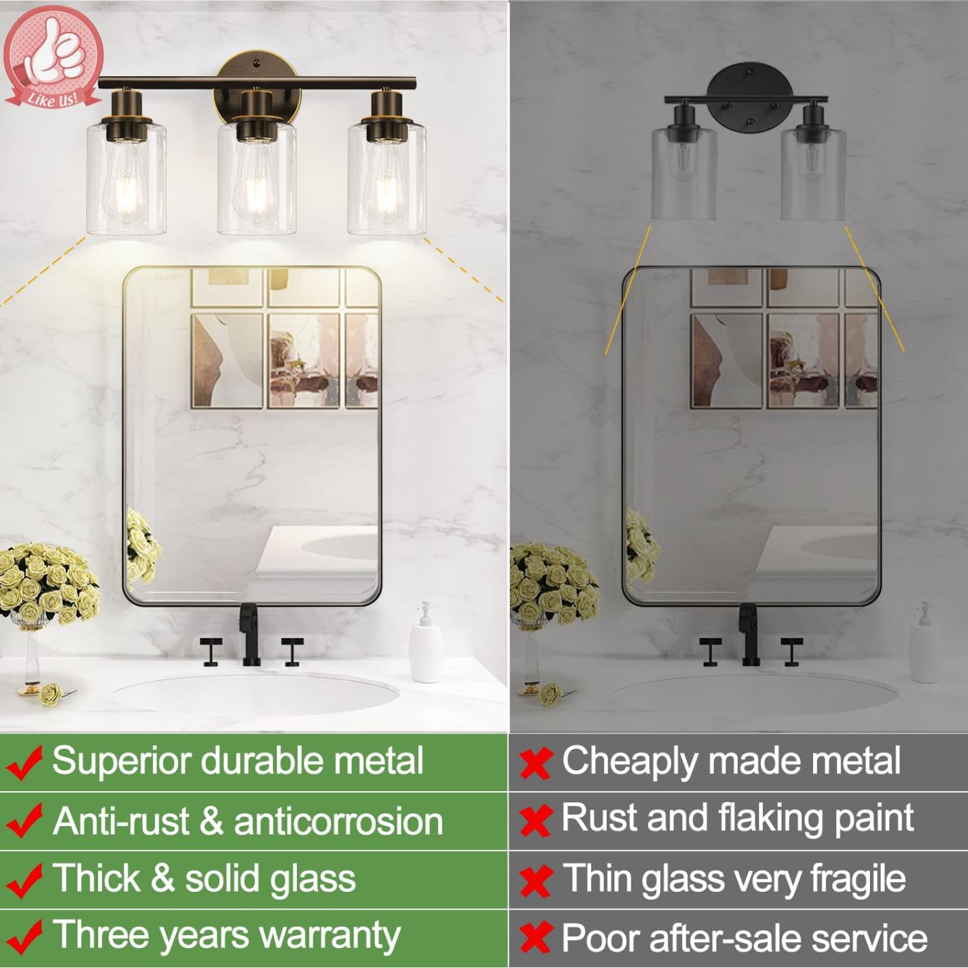 Zarbitta clear glass shades bathroom wall light brightening mirrors and cabinets.