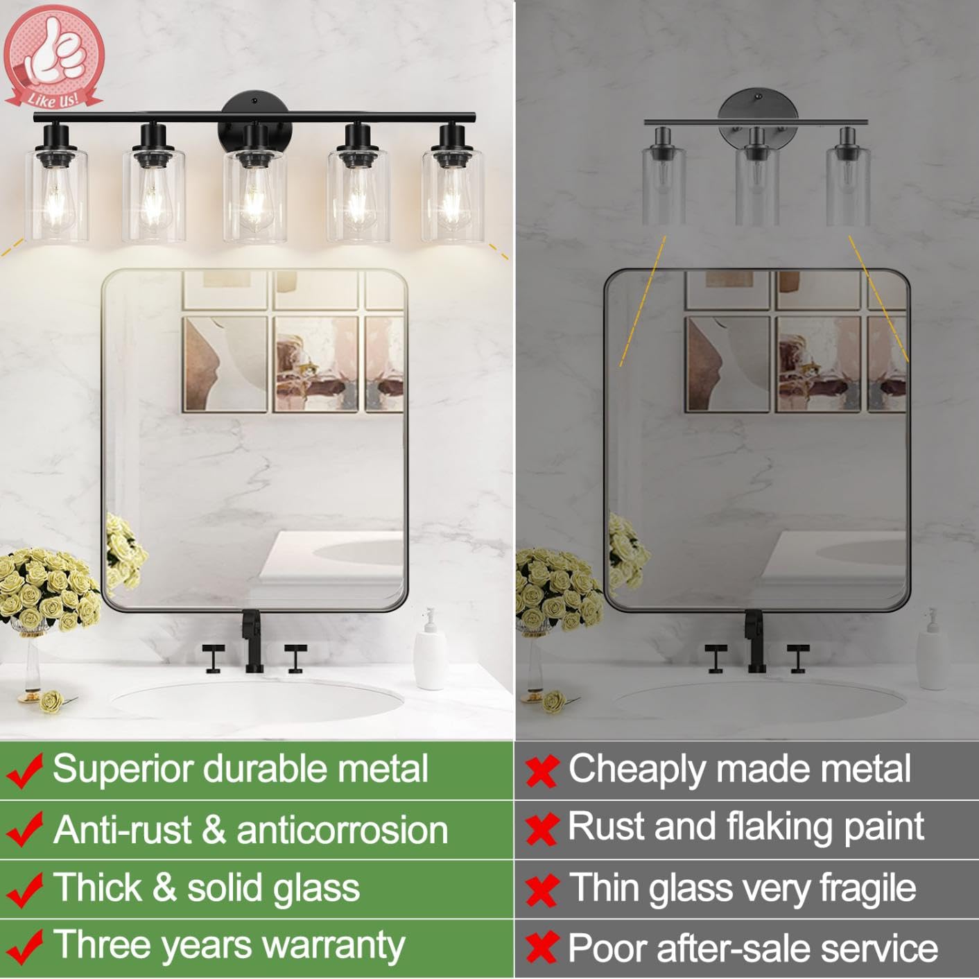 Upward-downward mounting option helps adapt lighting to mirror height and room layout.