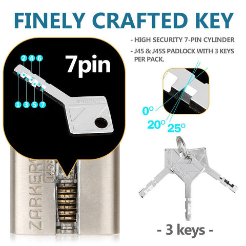 Zarker J45S padlock with three keys in pack for convenient access