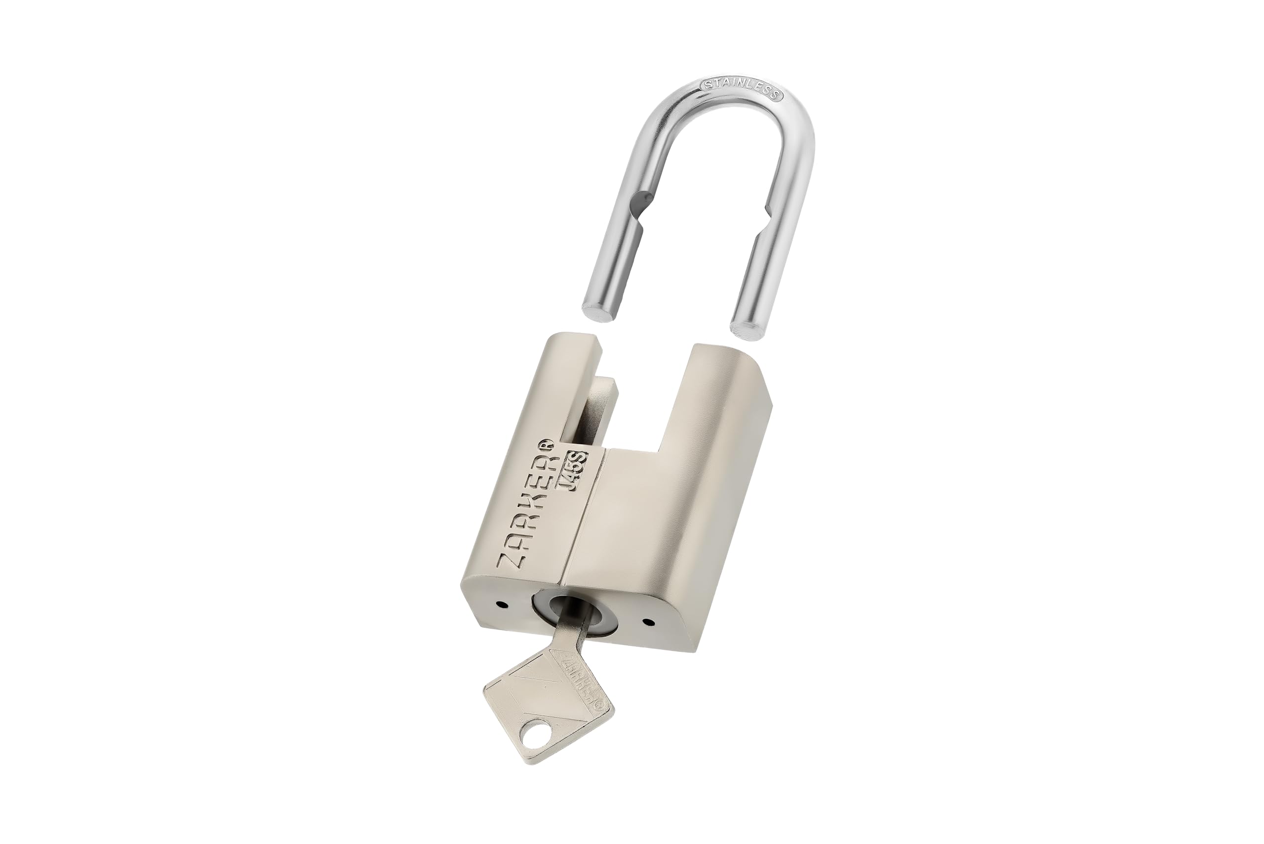 Zarker J45S padlock side view showing solid body and reinforced shackle
