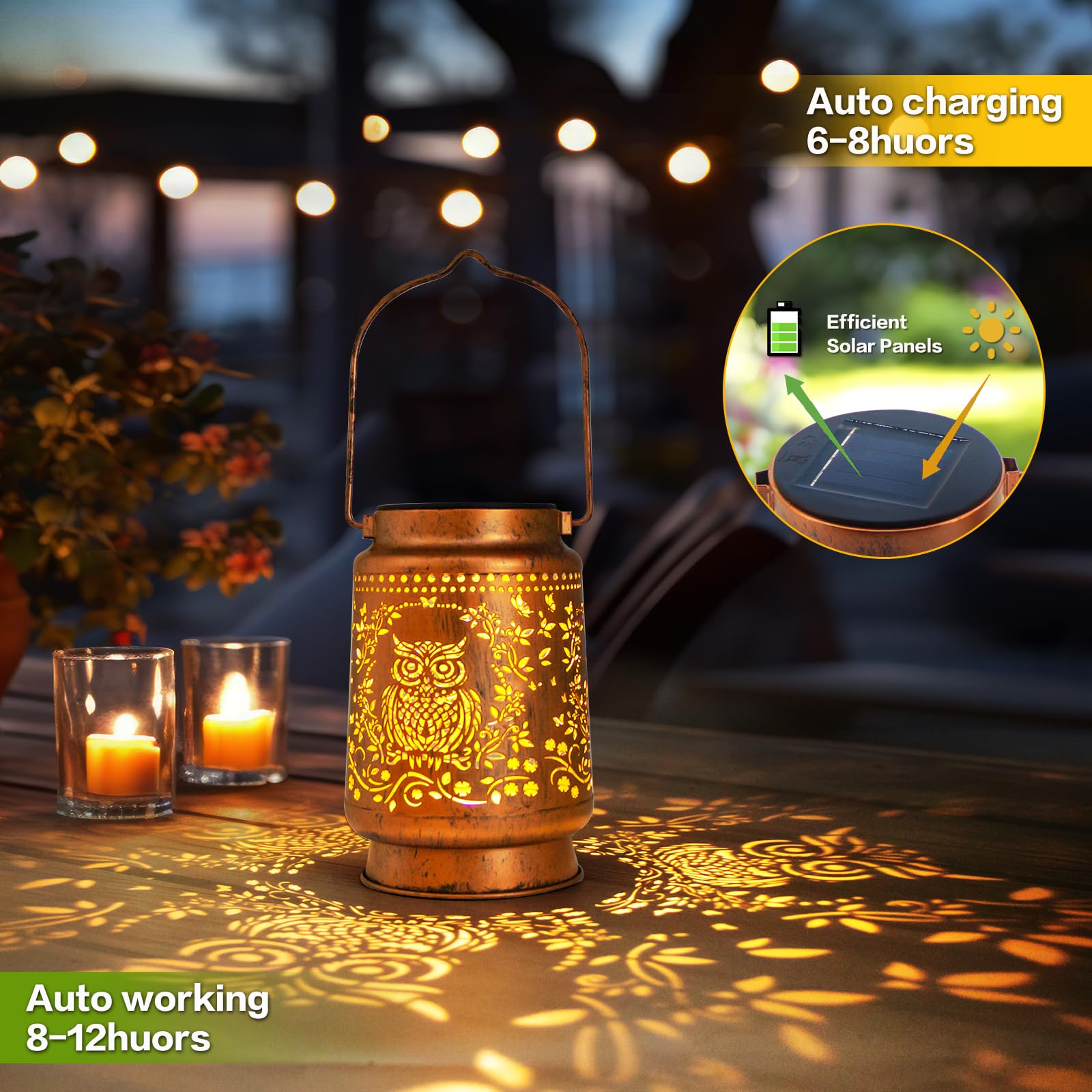 ZASOWUUO LED lantern provides warm glow powered by solar energy outdoors.