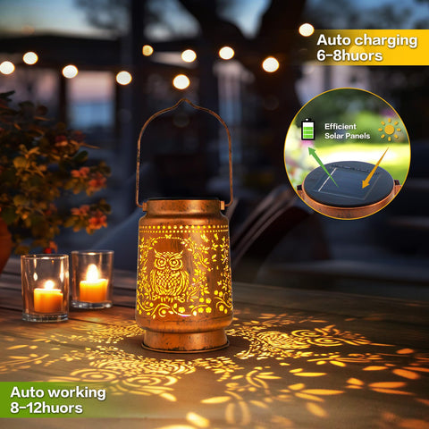 ZASOWUUO LED lantern provides warm glow powered by solar energy outdoors.