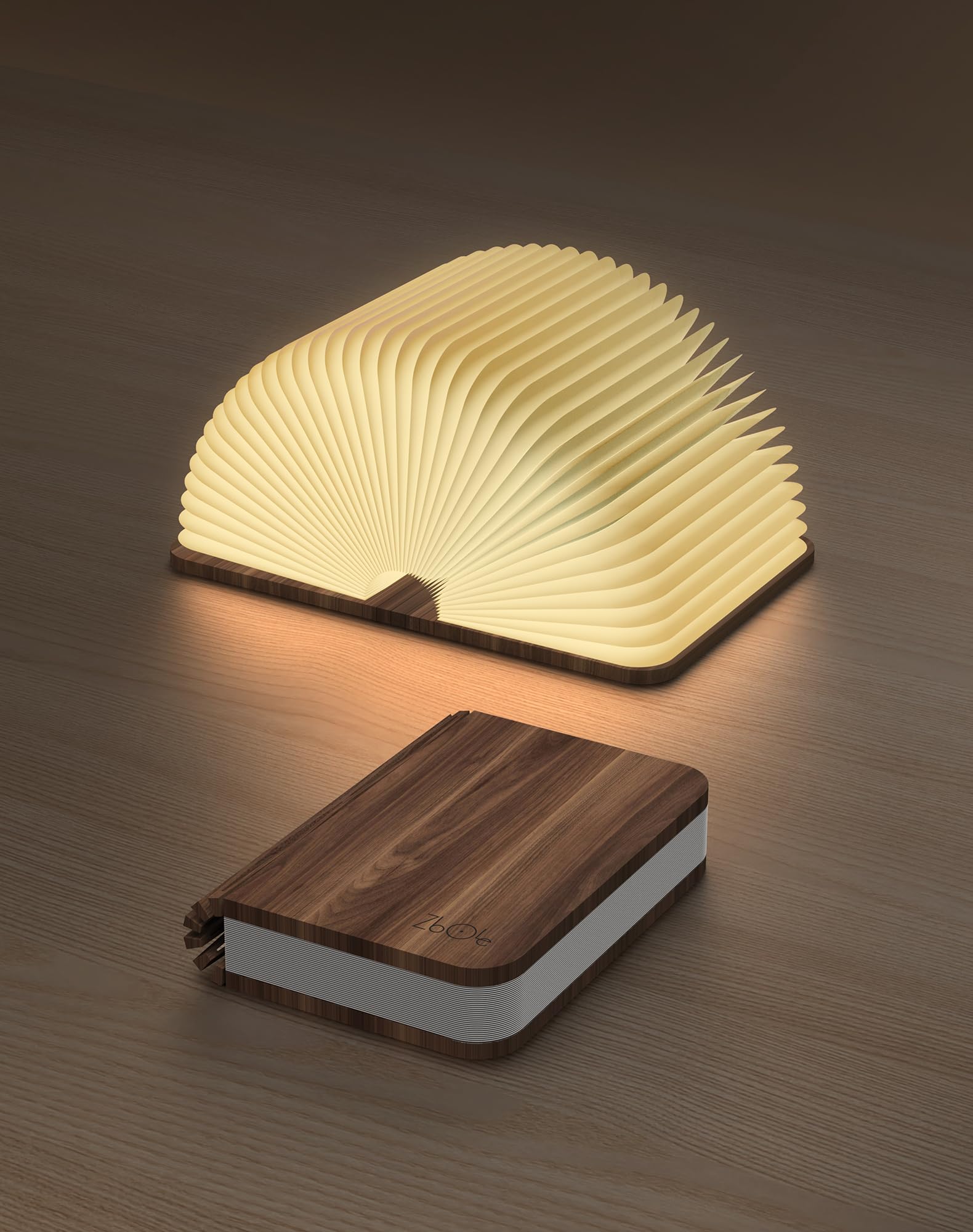 ZBOLE wooden book lamp folded for compact storage and ambient lighting