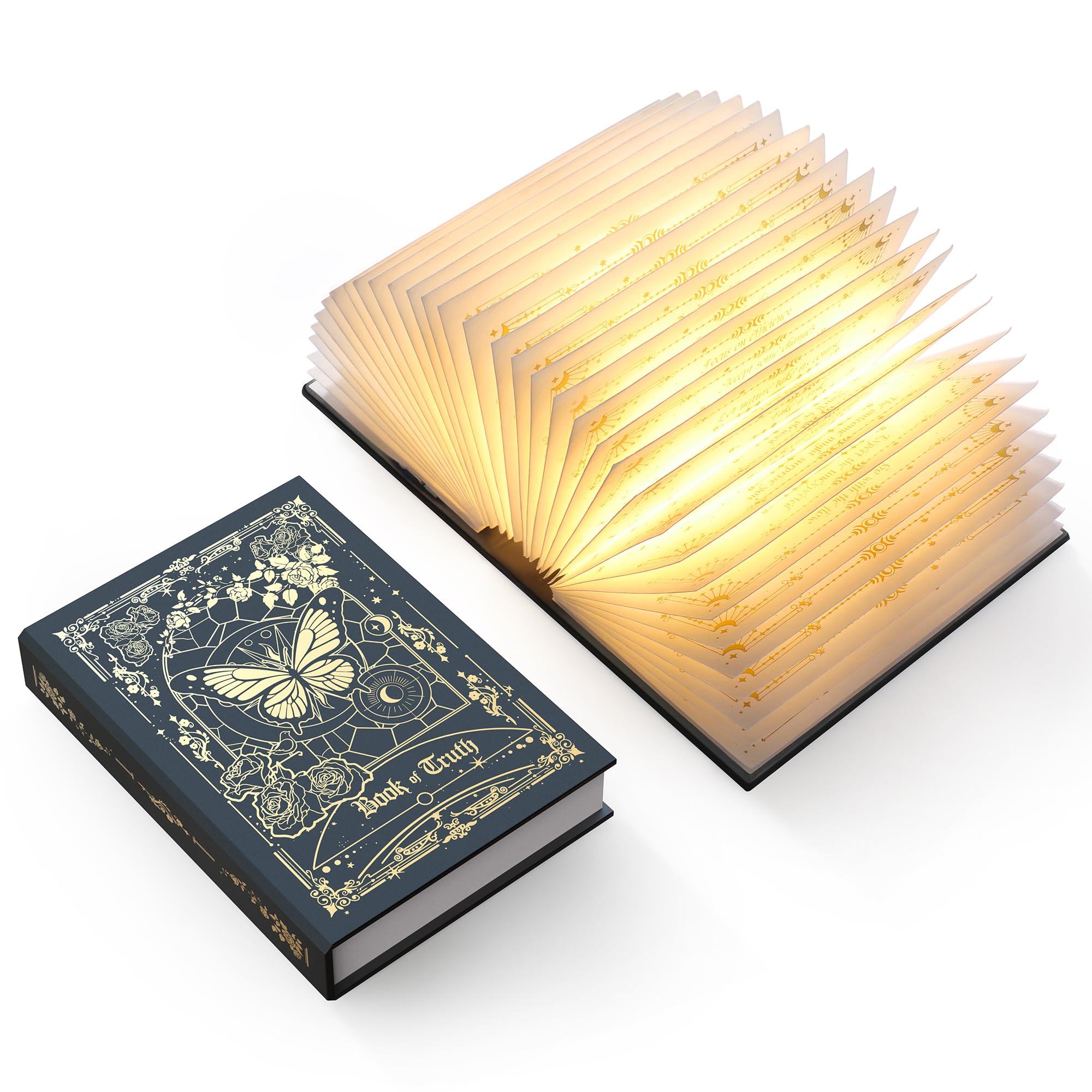 ZBOLE Magic Truth Book Light with gold-cover close-up adds elegant ambiance for reading