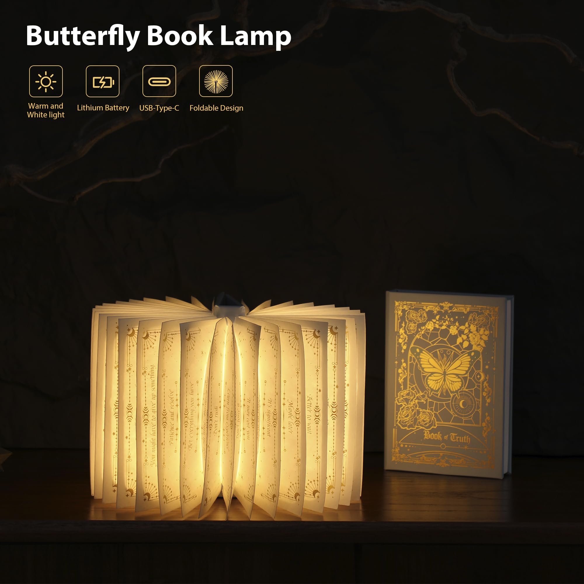 Gold foil detail on ZBOLE Magic Truth Book Light enhances shelf decor and ambience