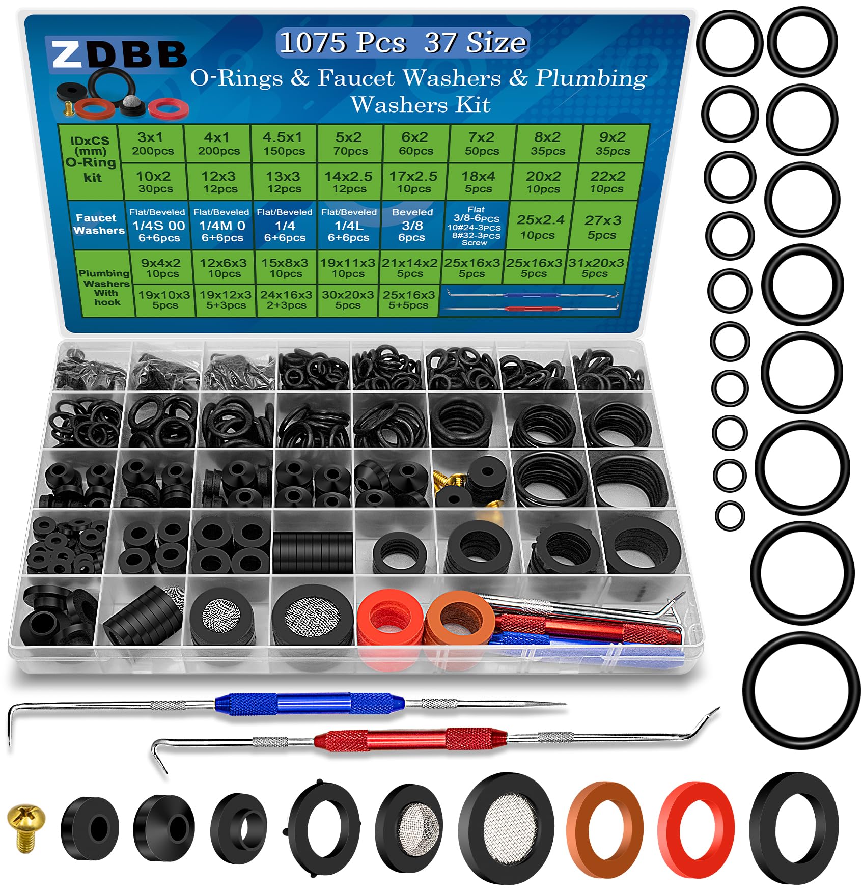 ZDBB 1075pcs spigot washers kit packaging for versatile home plumbing repairs