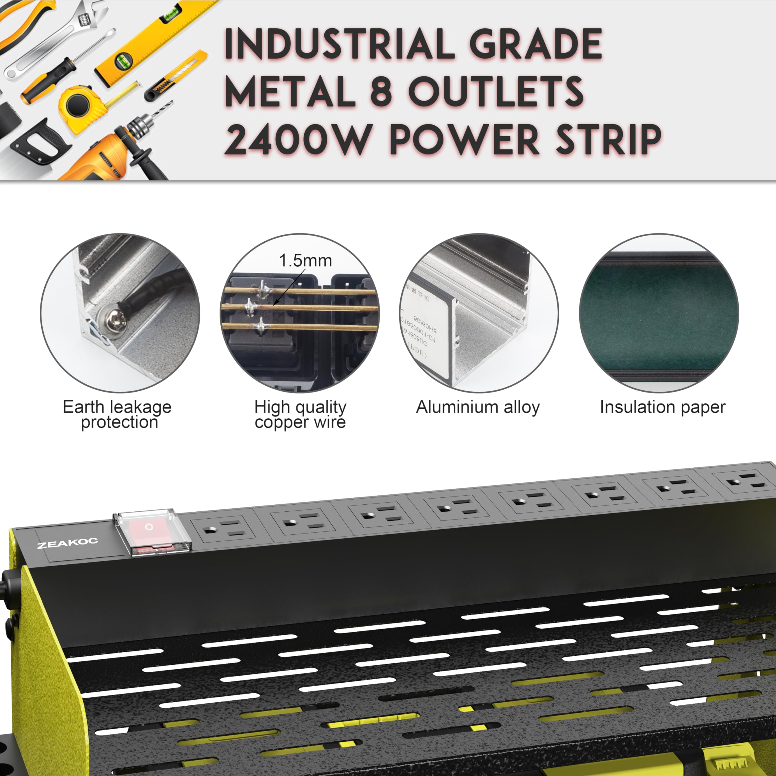 ZEAKOC wall-mount garage rack with side storage neatly holds drills, bits, and batteries.