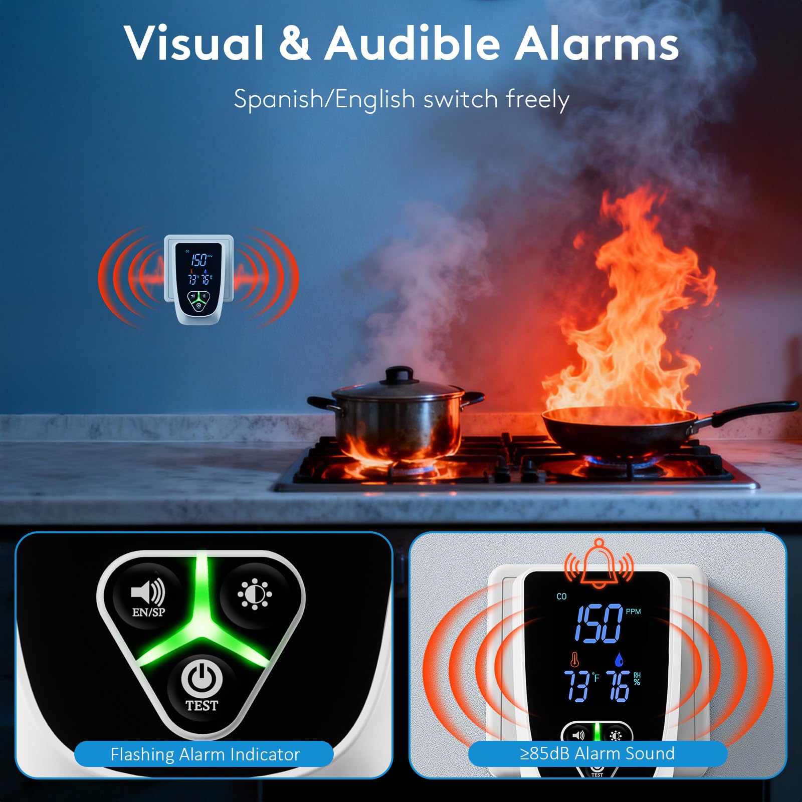 zealme smoke and gas alarm with bilingual alert signals quickly.