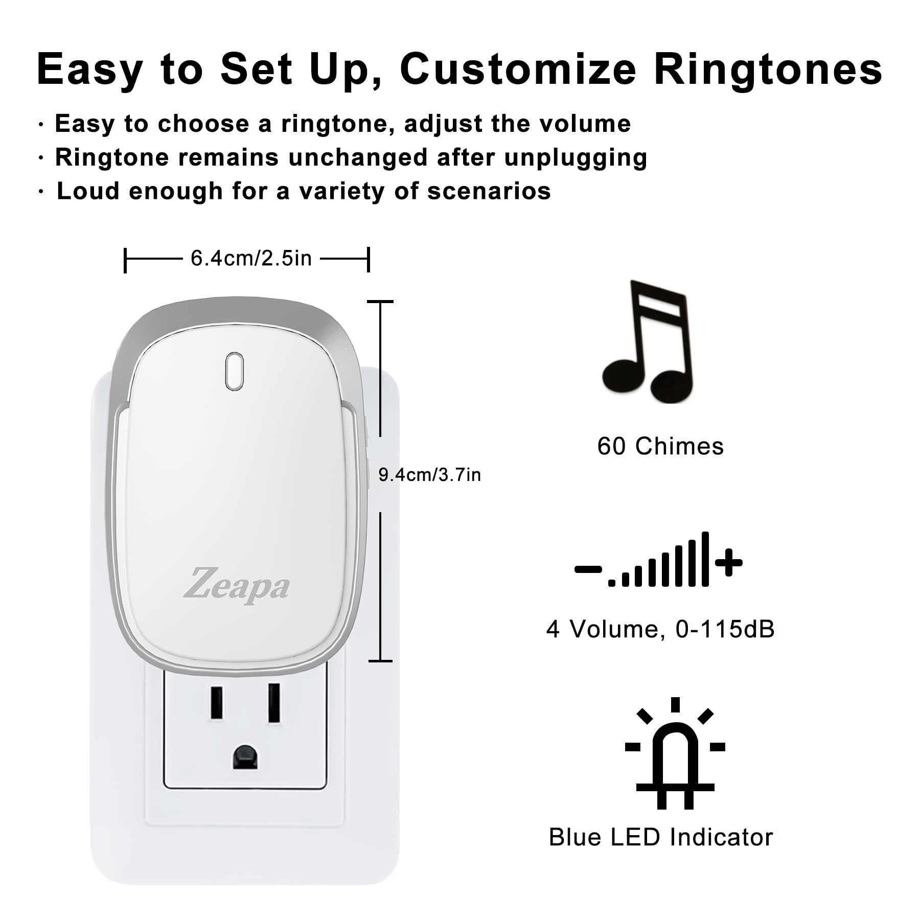 Zeapa doorbell chime receiver providing reliable room-wide alerts.