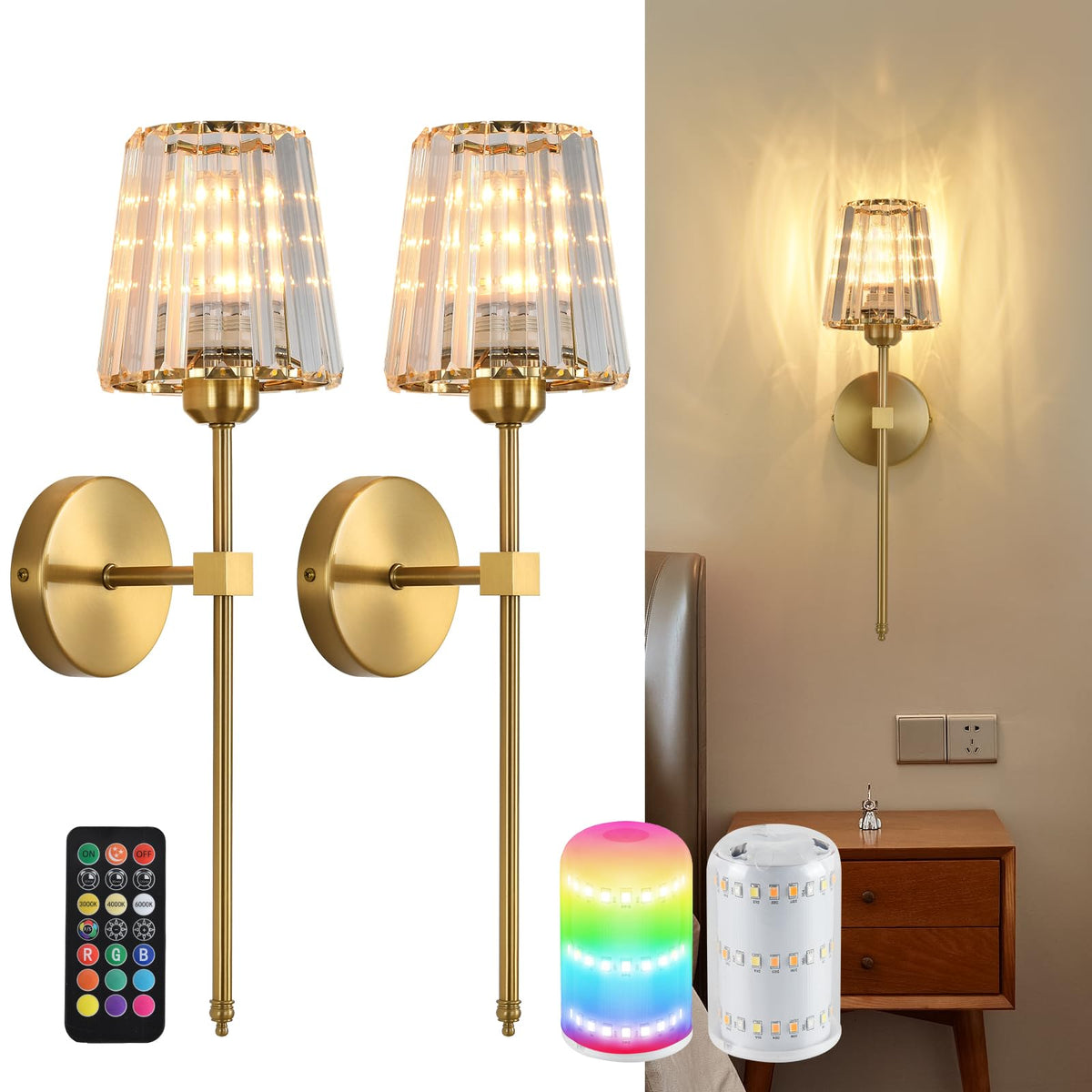 ZEBALINE battery-operated crystal wall sconce two-pack close-up shimmer