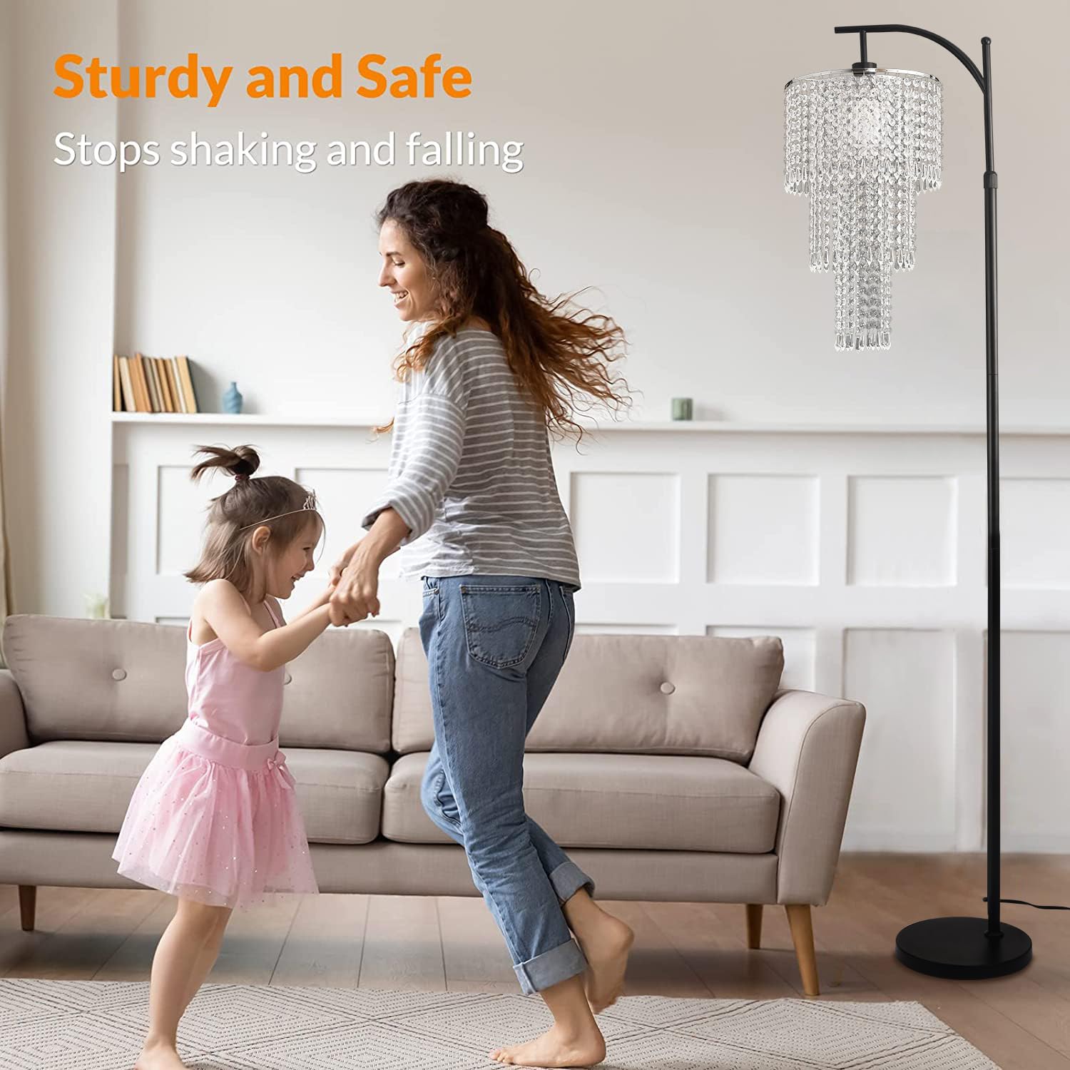 ZECOXOL Arc Floor Lamp crystal reflections create ambient highlights.