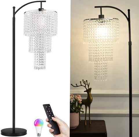 ZECOXOL Arc Floor Lamp crystal shade enhances living room ambiance, perfect for cozy evenings.