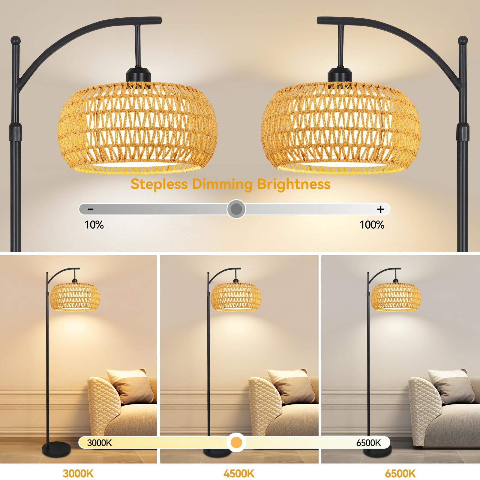 ZECOXOL Arc floor lamp with dimmable LED and 12W brightness control.