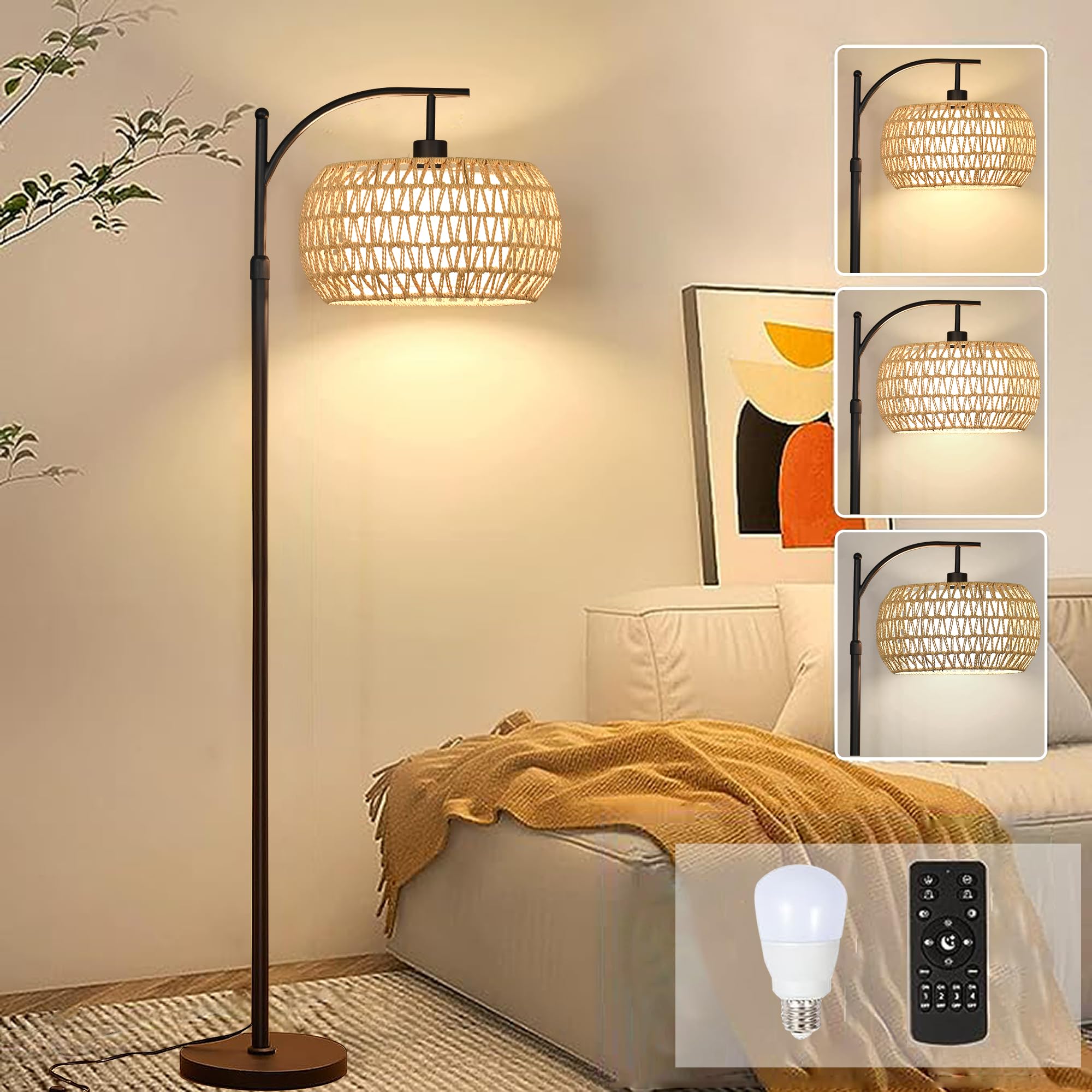 ZECOXOL Arc floor lamp with rattan boho shade enhances cozy living spaces.