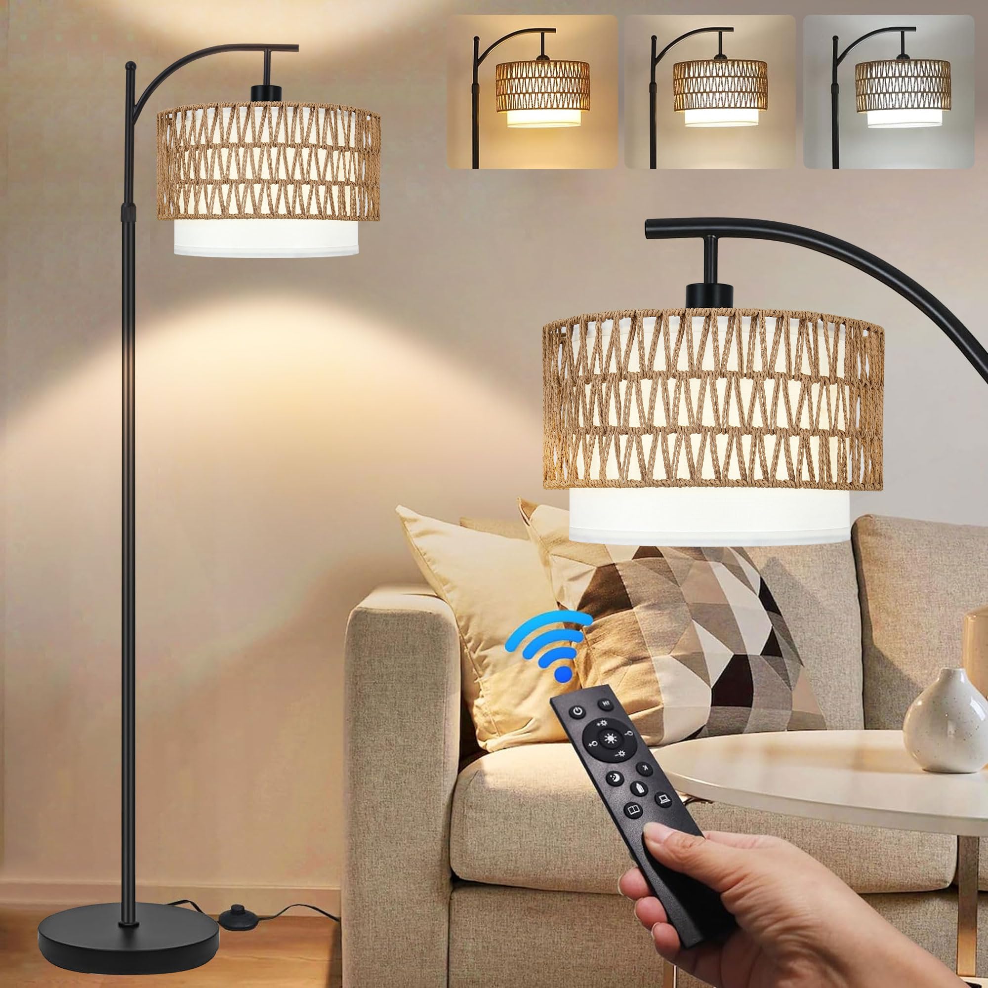 ZECOXOL Arc floor lamp with remote for effortless brightness control.