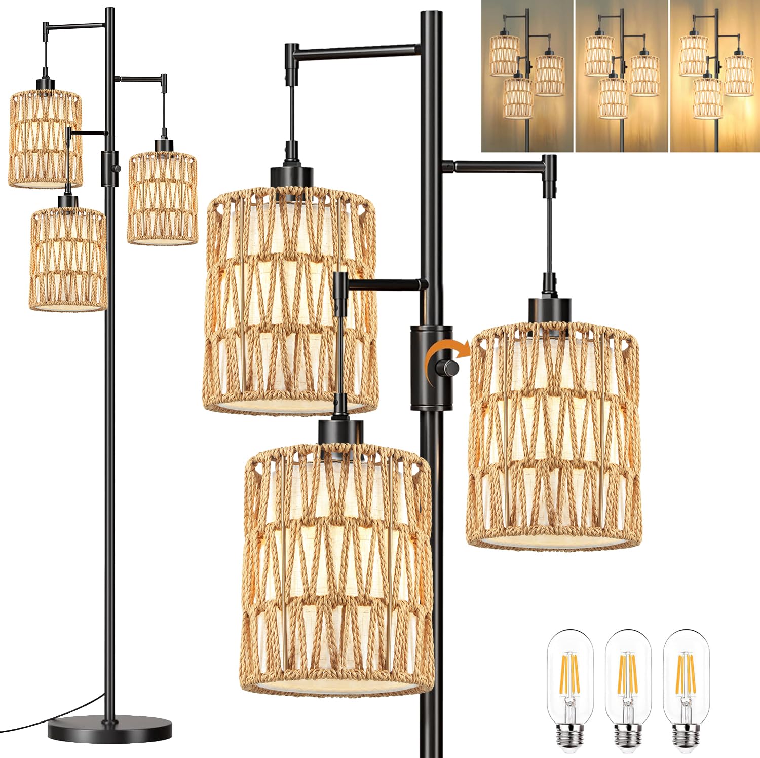 ZECOXOL boho floor lamp with wood-rattan shade for warm ambient lighting.