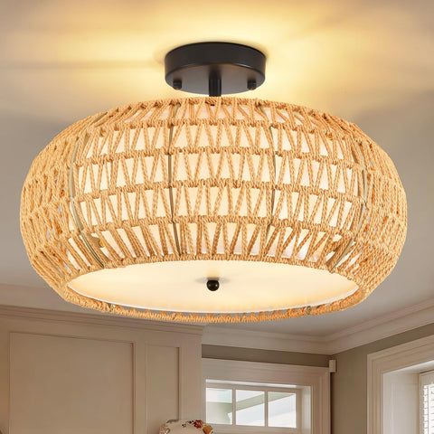 ZECOXOL boho flush-mount ceiling light with woven rattan for warm hallway illumination.