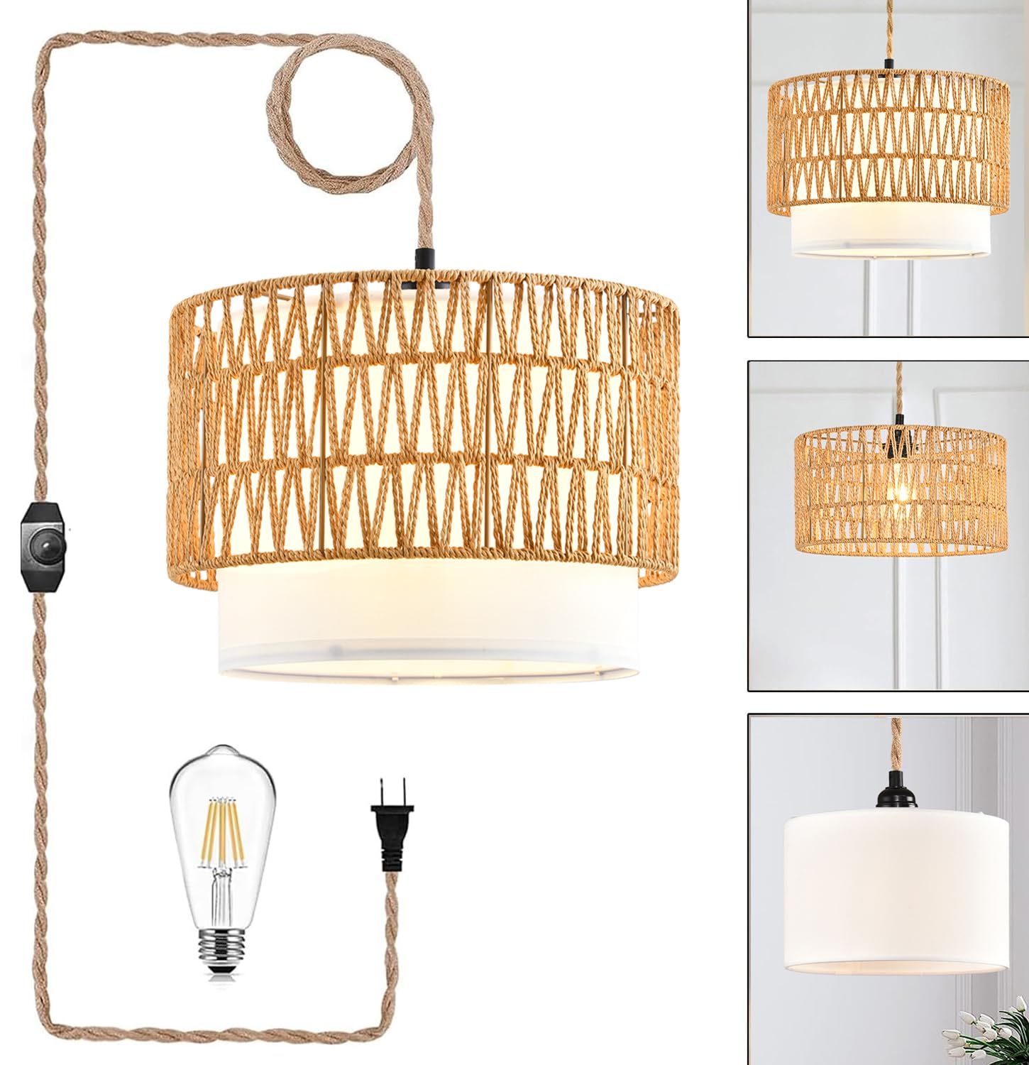 ZECOXOL boho plug-in pendant light with double drum shade for versatile decor