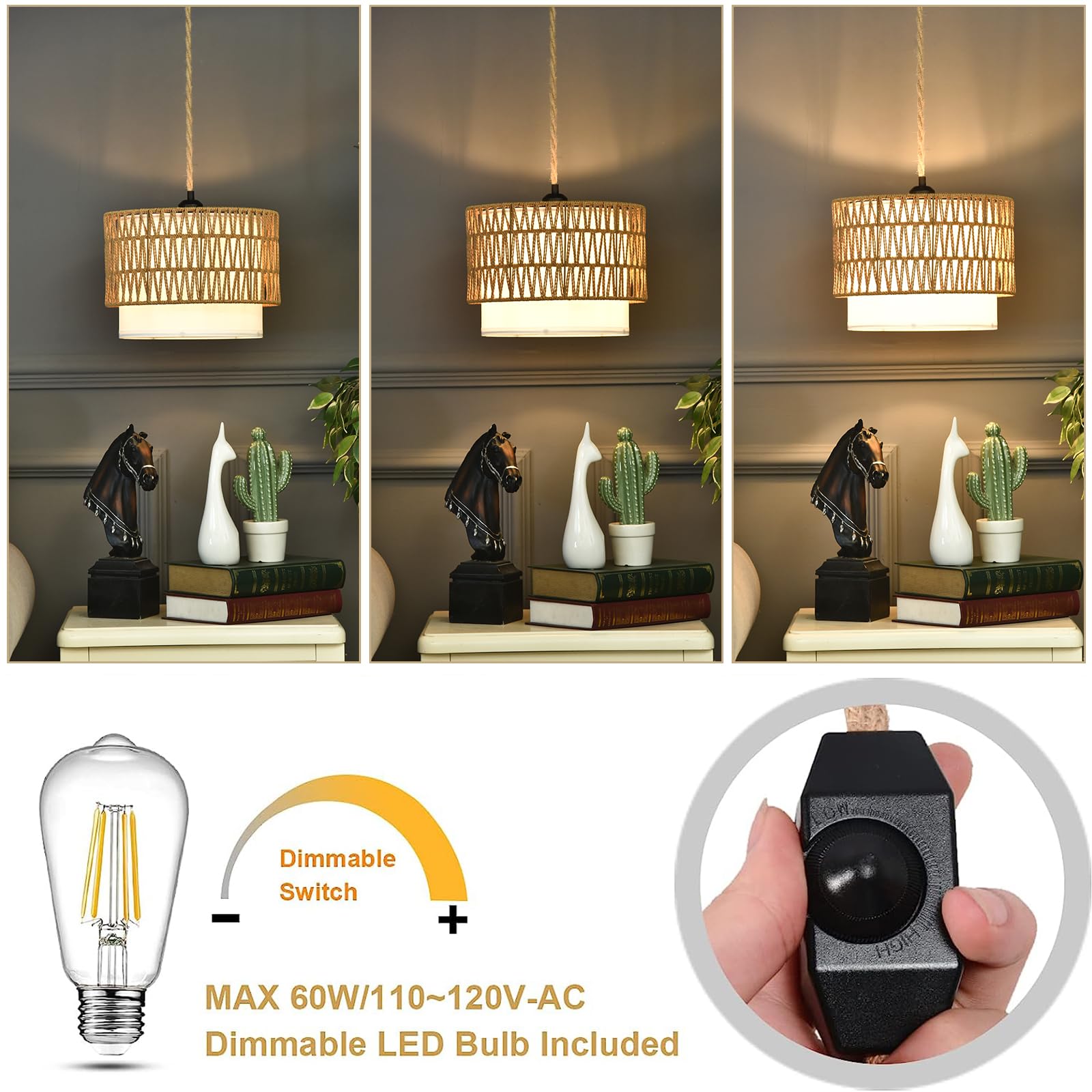 ZECOXOL dimmable switch pendant light with rotary brightness control